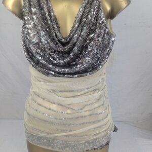 Apart Dramatic Silver Sequin Drape Blouse Sheer Cream Overlay Size 8